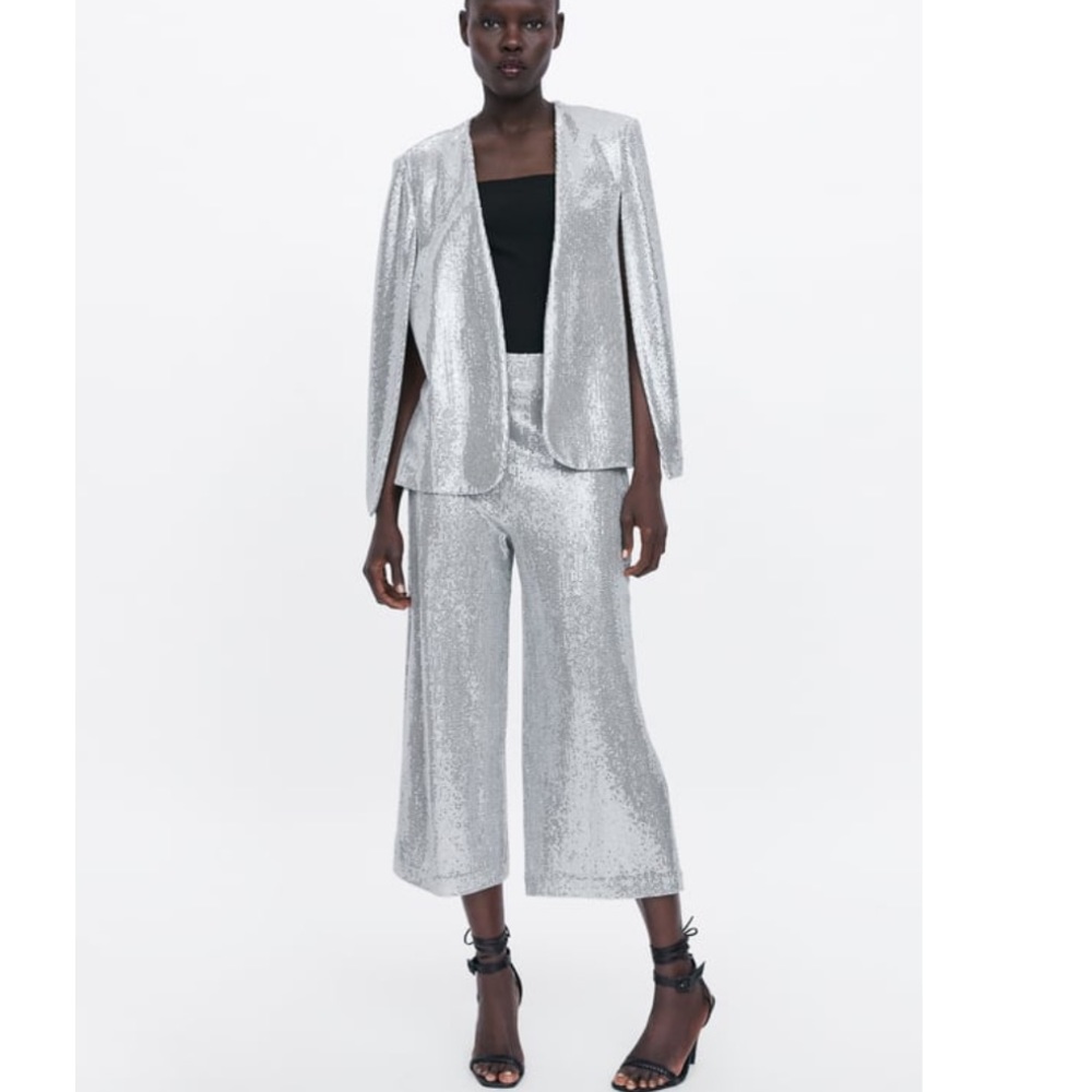 NWT Zara silver sequin cape culottes co ord matching set Small